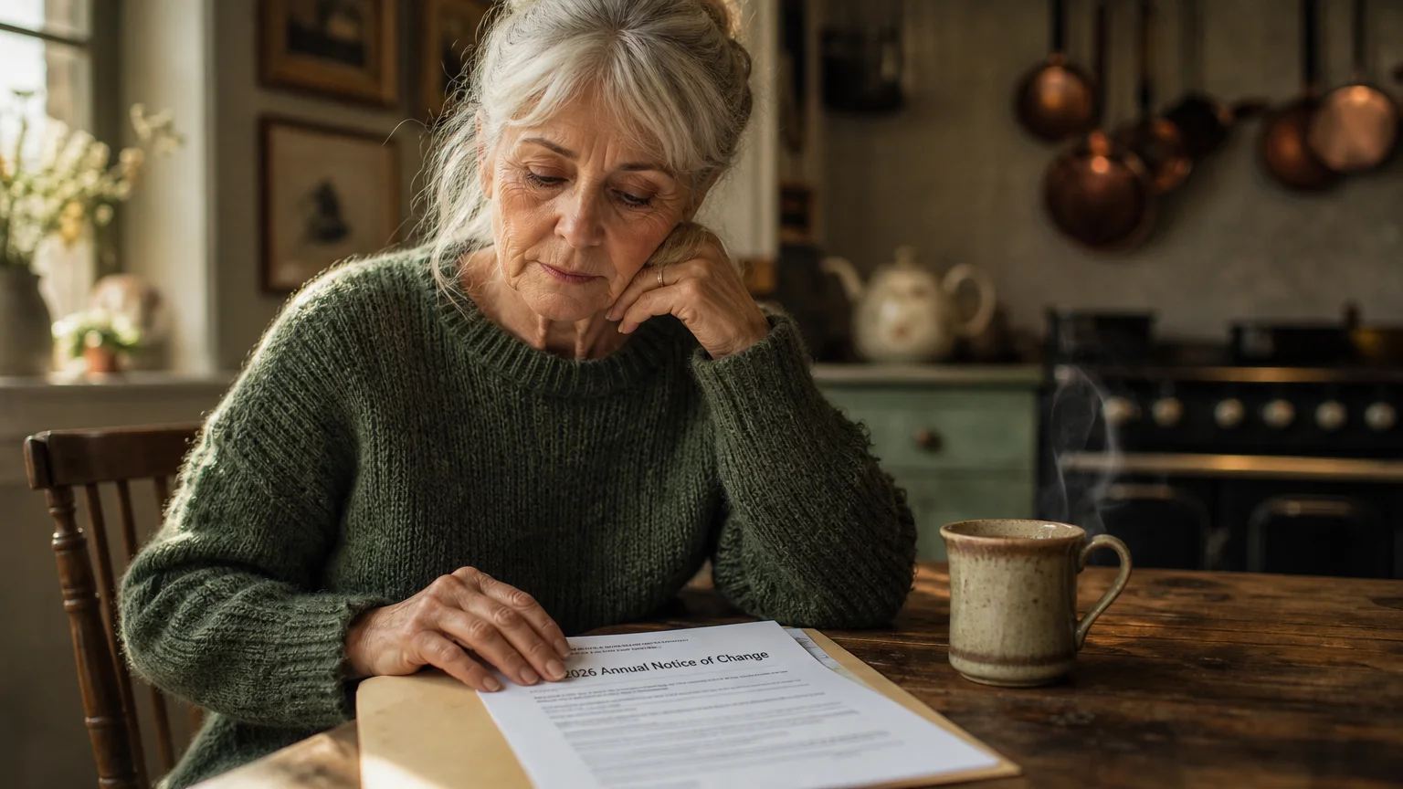 An older woman sits at her dining table in warm morning light, thoughtfully reading a 2026 health plan notice of change.