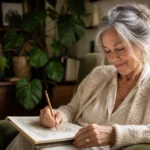 An older woman sits in a sunlit living room armchair, deeply focused on writing in a notebook, illustrating seated cognitive wellness.