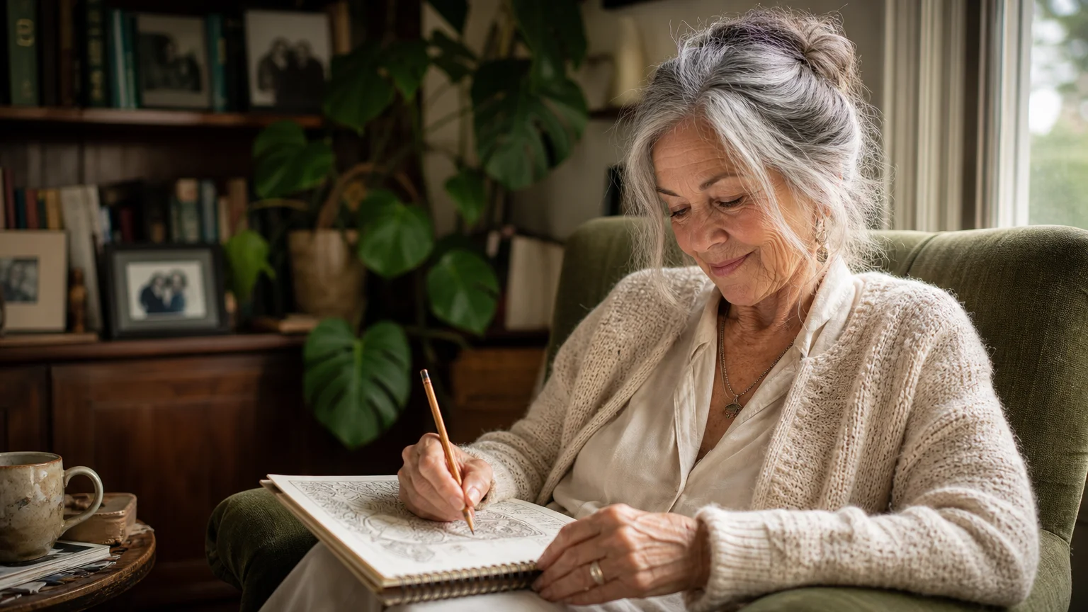 An older woman sits in a sunlit living room armchair, deeply focused on writing in a notebook, illustrating seated cognitive wellness.