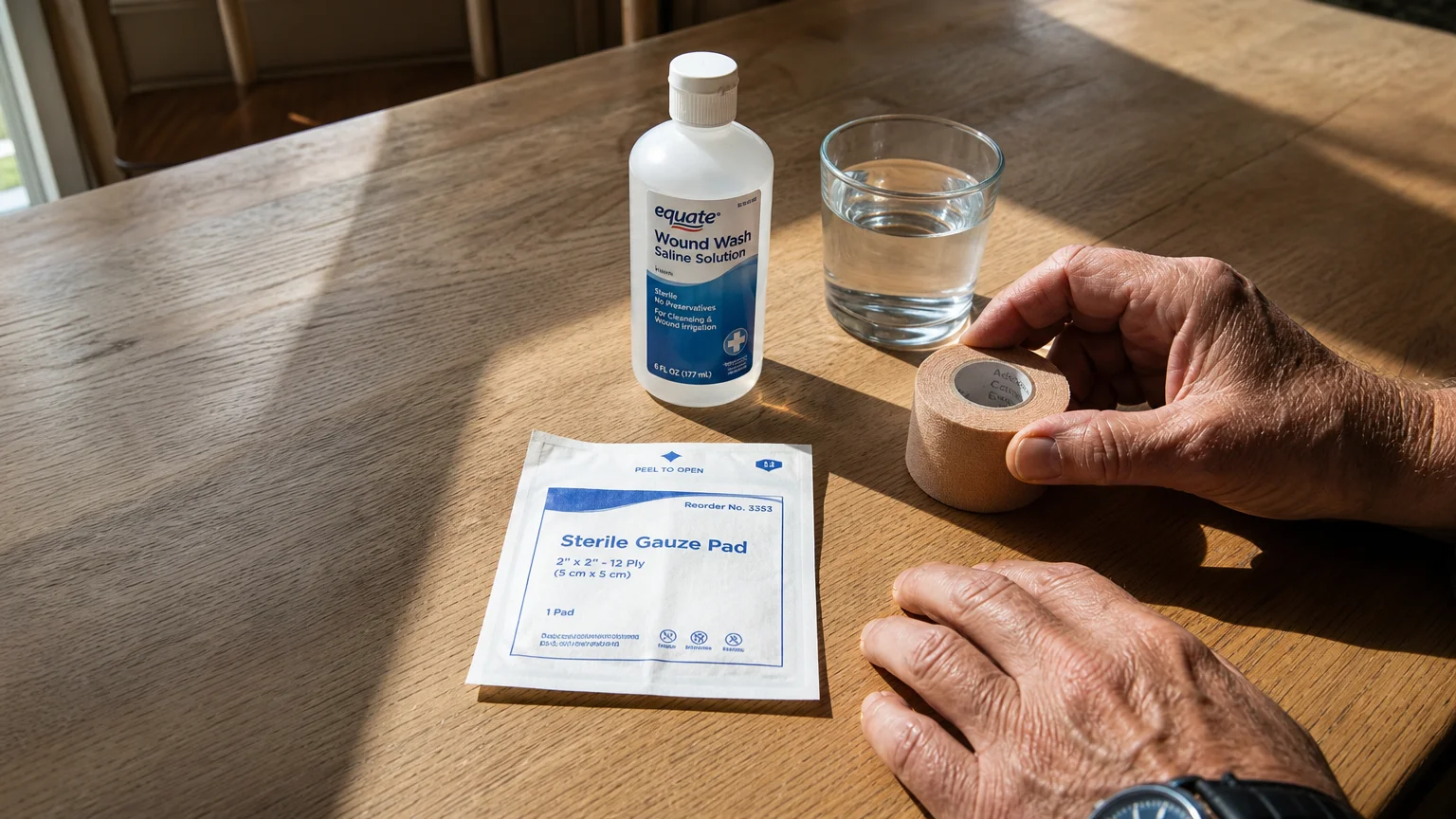 An overhead view of sterile gauze, wound wash, and tape laid out on a clean wooden table, with an older pair of hands reaching in.