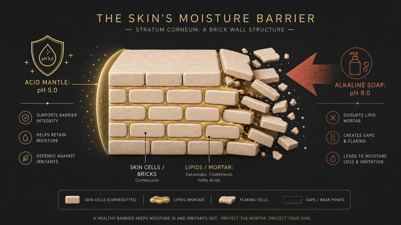 Anatomical diagram of the skin moisture barrier as bricks and mortar, illustrating the damage caused by high pH soap.