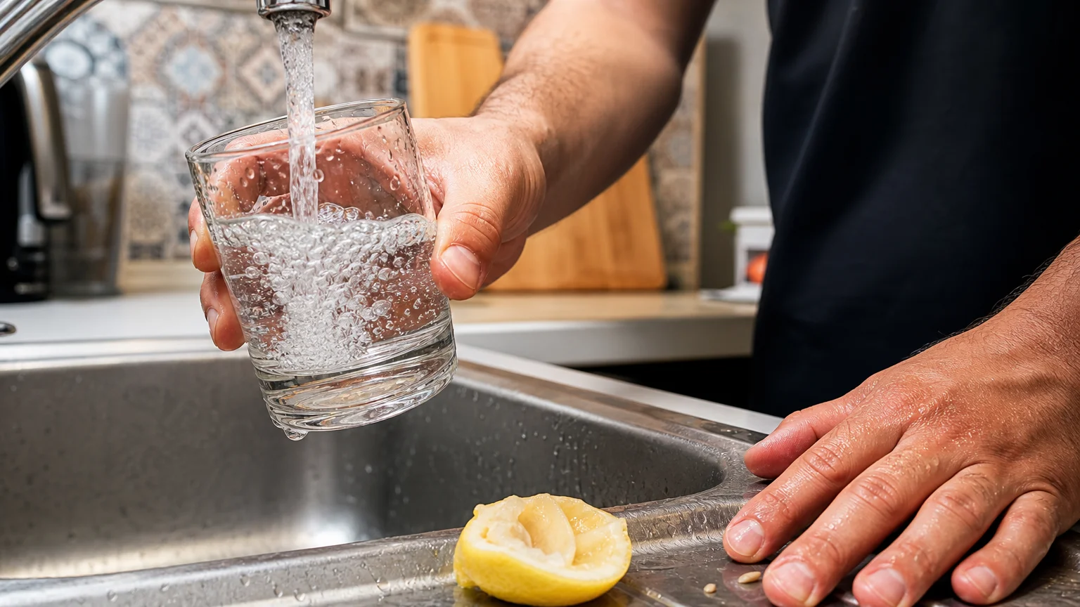 Close-up of hands filling a glass with water at a kitchen sink, illustrating a healthy daily habit.