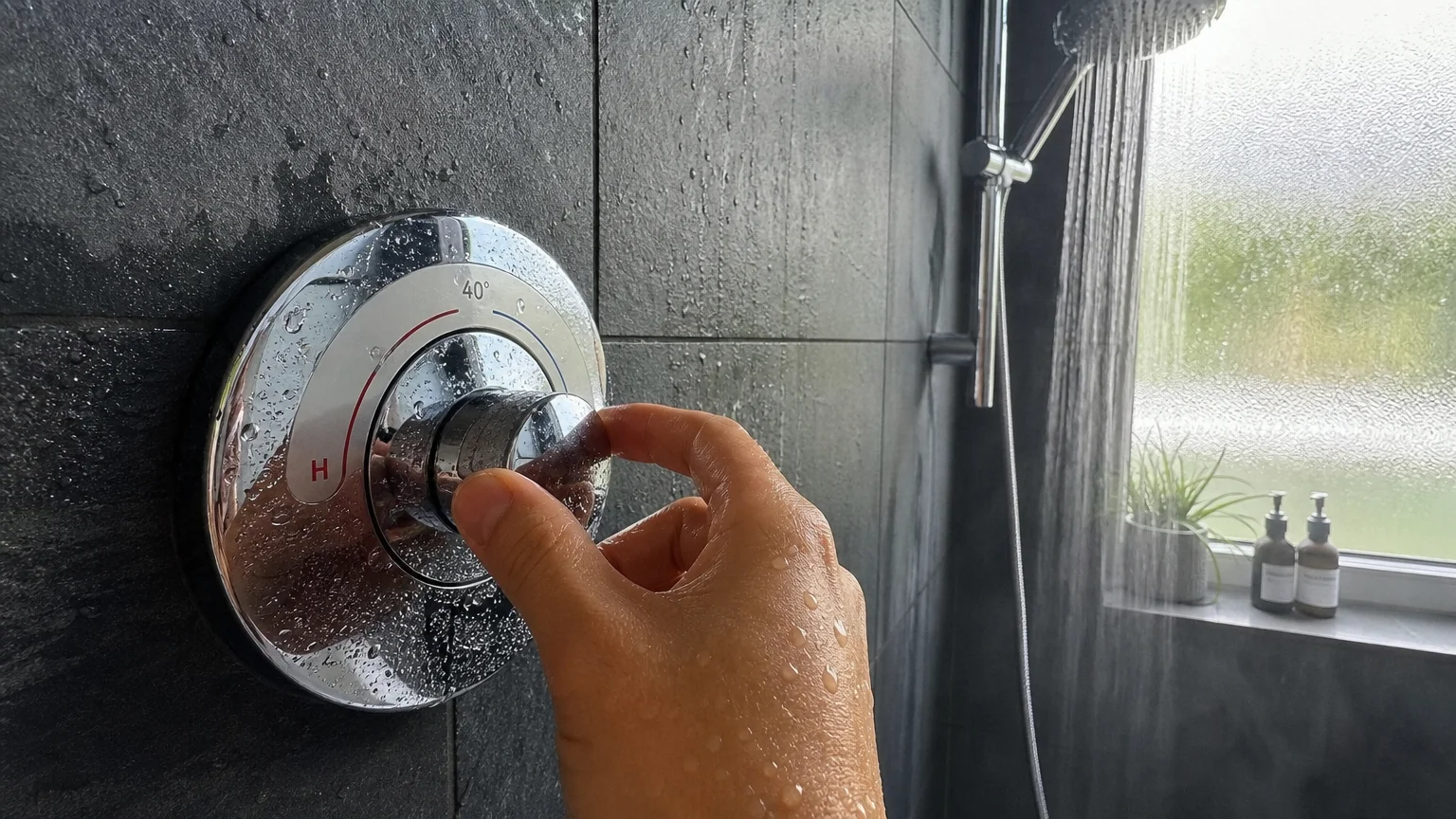 First-person close-up of a hand adjusting a modern shower dial to a lukewarm temperature setting to protect the skin.