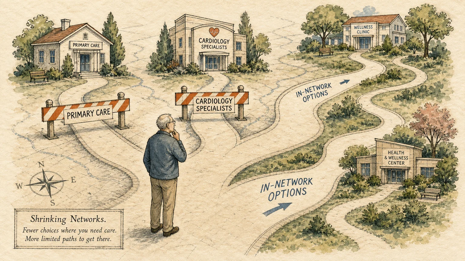Ink and gouache illustration of an older man at a crossroads of paths, some blocked by orange barriers, representing shrinking networks.