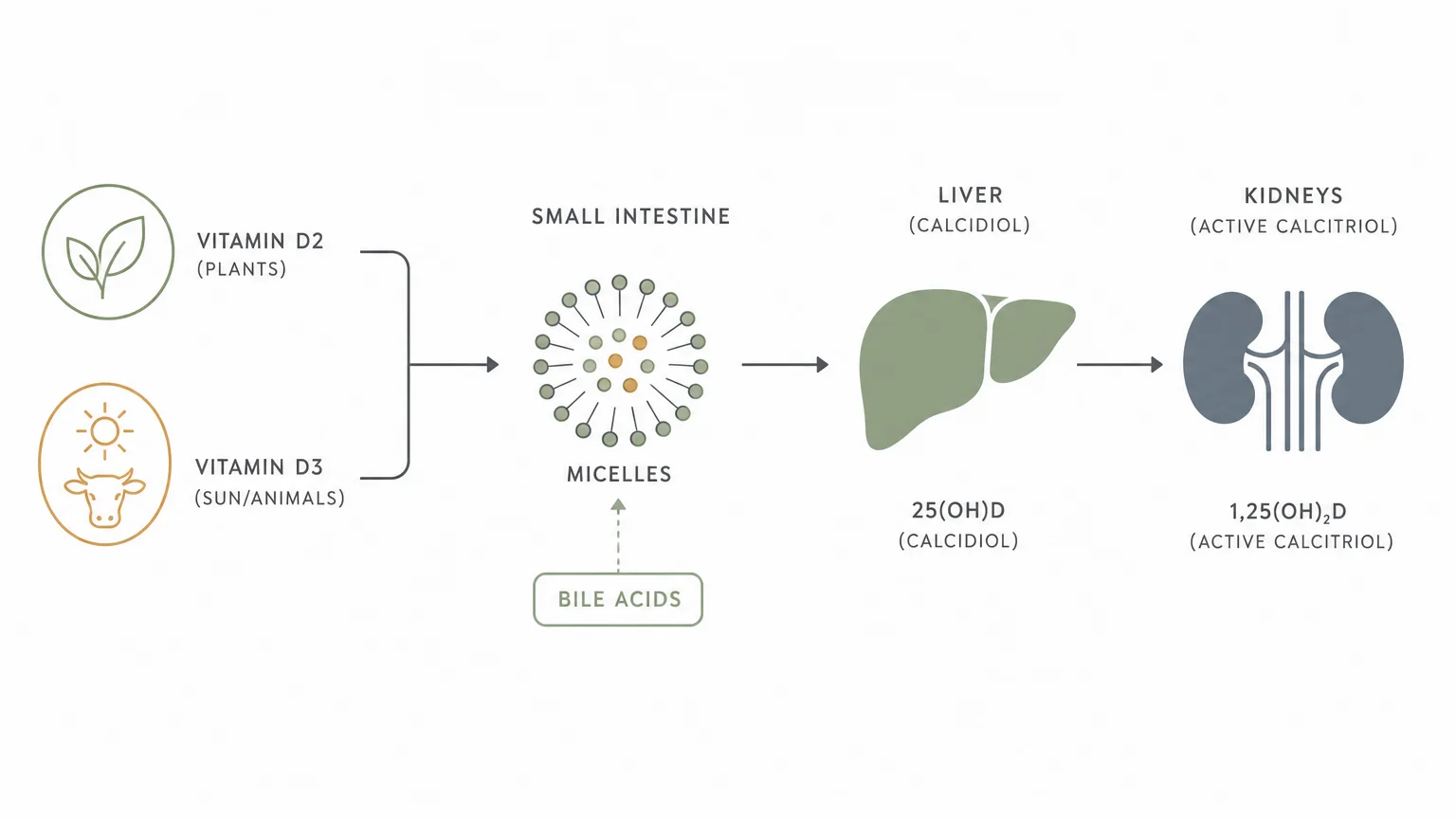 Minimalist medical flowchart diagram showing the pathway of Vitamin D from consumption to conversion in the liver and kidneys.