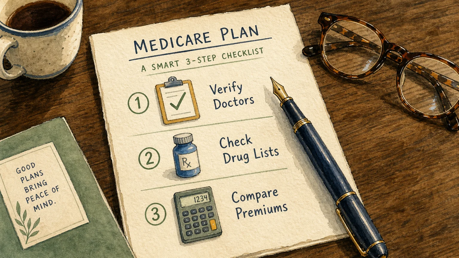 Watercolor illustration of an open paper checklist on a desk with steps to verify doctors, check drug lists, and compare premiums.