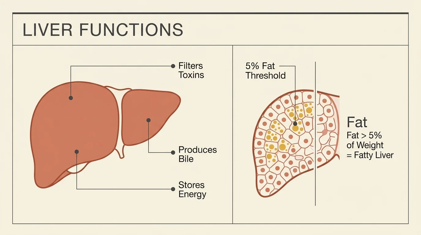 A clean anatomical diagram showing a human liver and callouts for its functions, highlighting the five percent fat threshold.