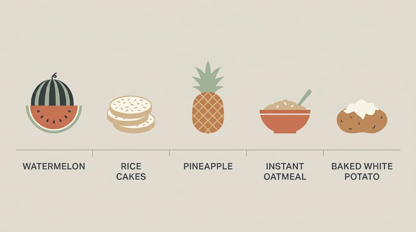 A clean horizontal infographic layout showing a progression of foods that cause rapid blood sugar spikes, including watermelon, rice cakes,