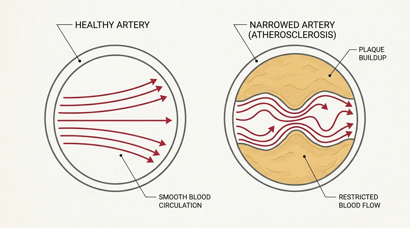 A clear diagram comparing a healthy, open artery to a narrowed artery choked with yellow plaque buildup.