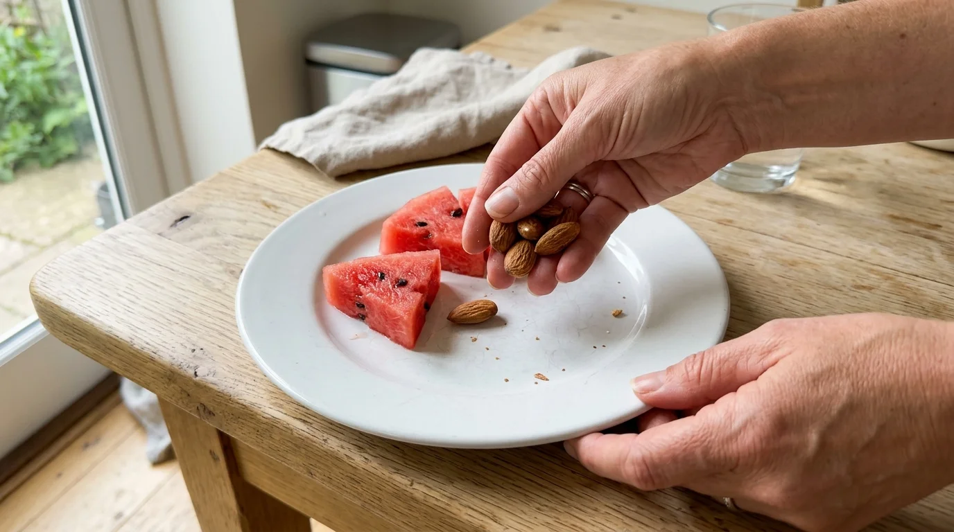 A close-up photo of hands arranging raw almonds next to fresh watermelon slices on a ceramic plate.