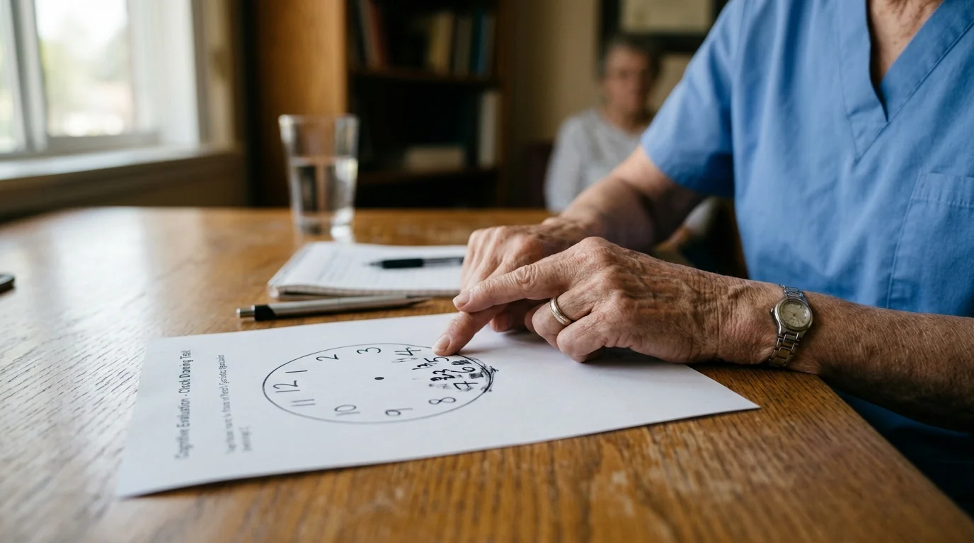 A close-up photograph of a clinician's hands pointing to a clock-drawing cognitive test on a wooden desk.