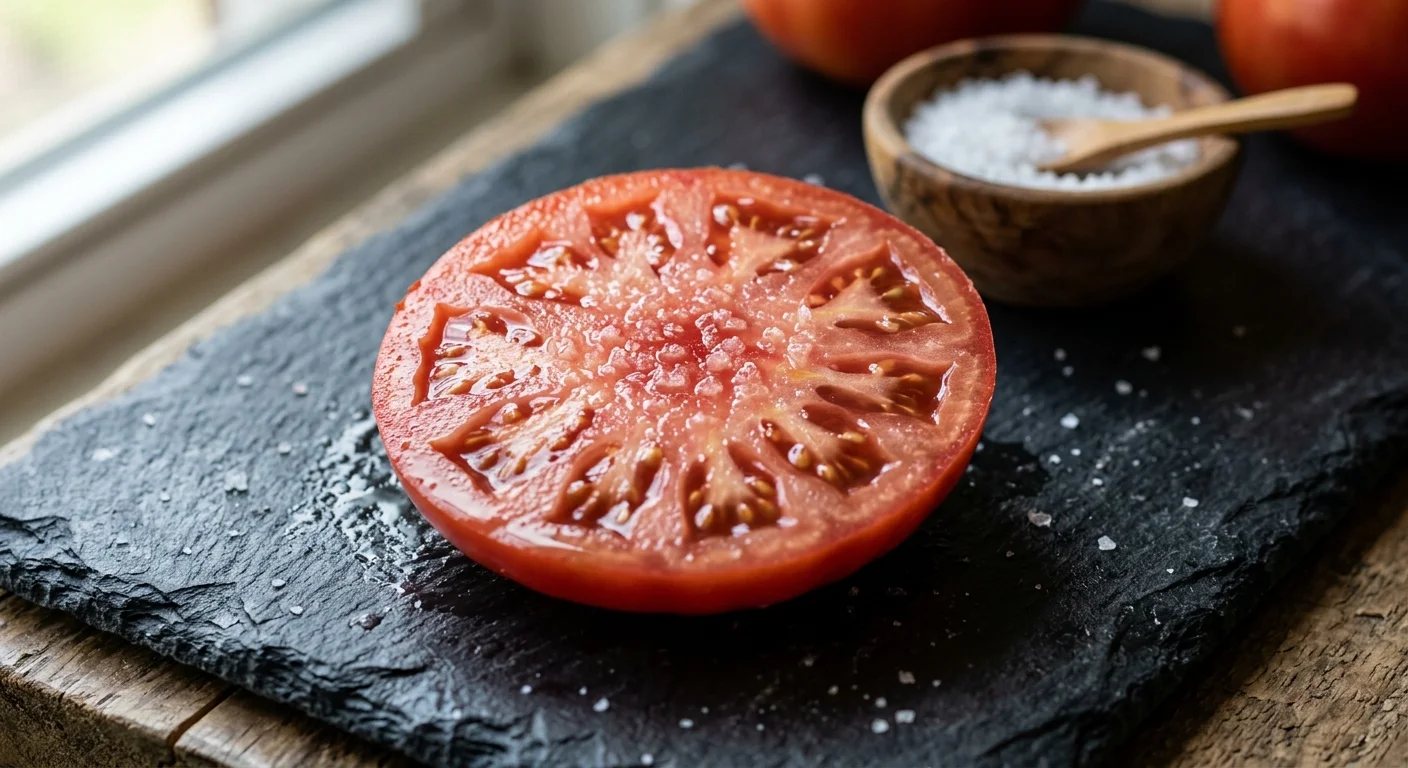 A close-up photograph of a freshly sliced, juicy heirloom tomato on a rustic wooden cutting board, capturing its rich natural texture.