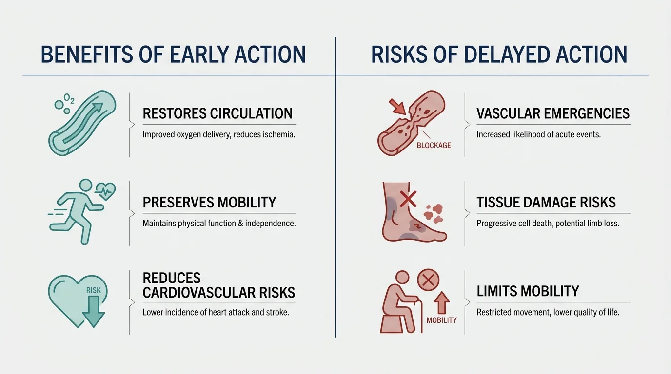 A comparative infographic illustrating the positive benefits of early intervention versus the health risks of delayed vascular care.