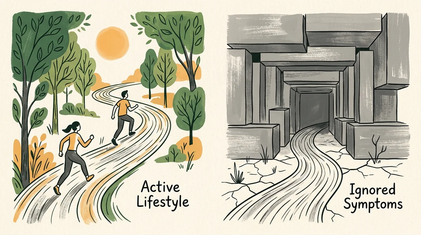 A conceptual illustration showing a path splitting into a green, active landscape versus a gray, blocked path representing ignored symptoms.