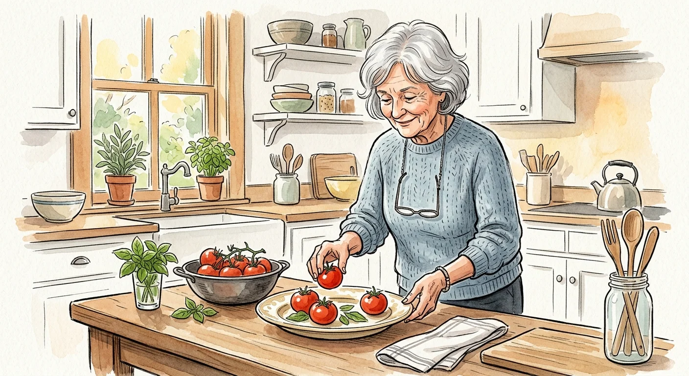 A cozy watercolor illustration of an older woman with silver hair happily organizing fresh tomatoes on a plate in her sunlit kitchen.