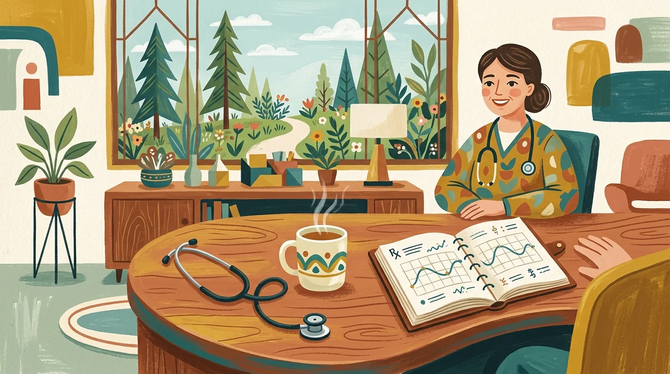 A gouache illustration of a doctor's desk featuring a stethoscope, a warm mug of tea, and an open journal displaying a steady wave line.