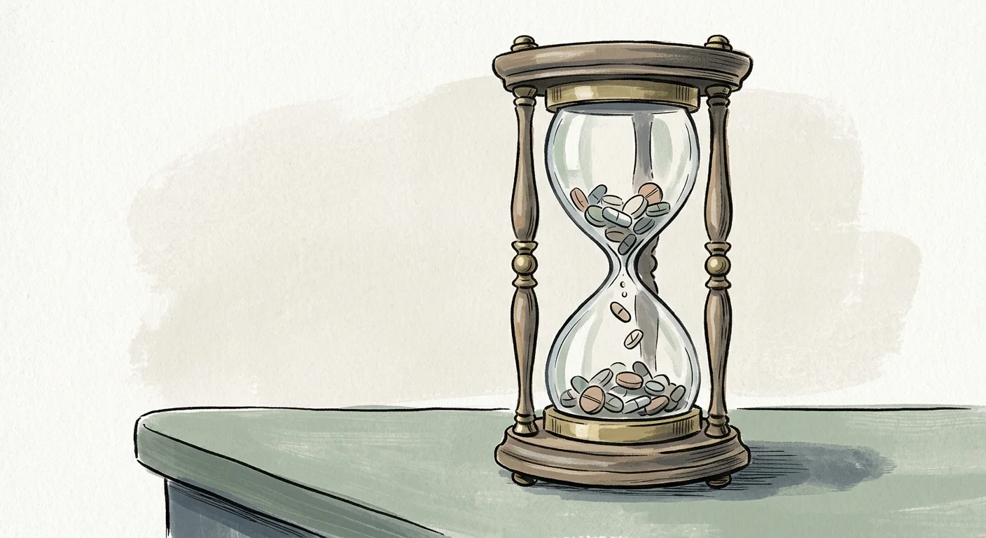 A gouache illustration of an hourglass with pills slowly trickling through, representing delayed medication clearance in seniors.