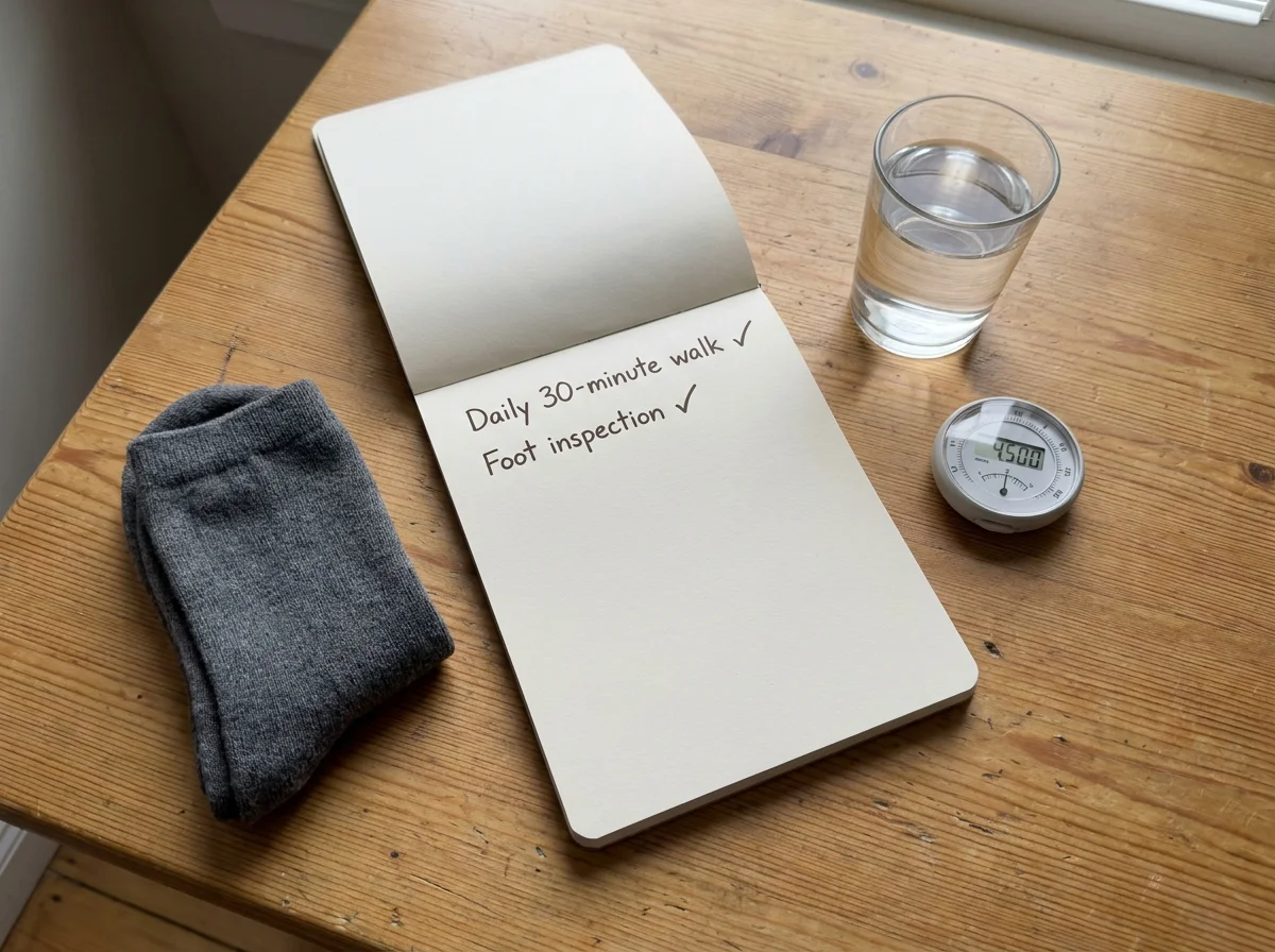 A kitchen table showing a health checklist notebook, a glass of water, walking socks, and a pedometer.