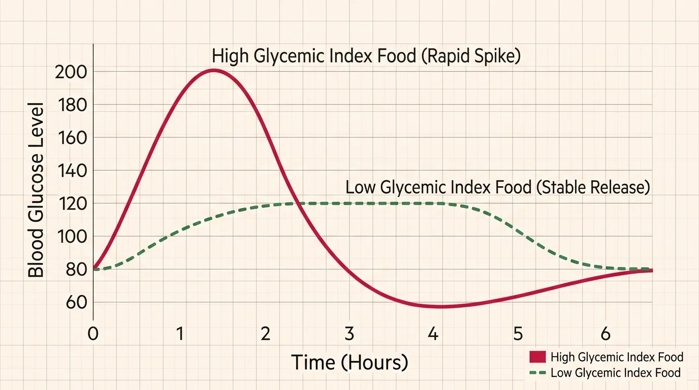 A line graph comparing the sharp, high curve of a high-glycemic spike with the low, steady curve of a low-glycemic food over time.