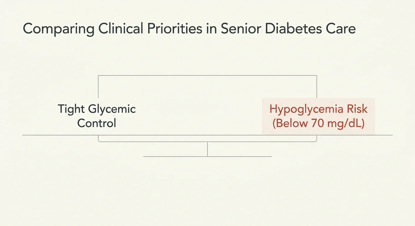 A minimalist balance scale diagram comparing tight glycemic control against hypoglycemia risks.