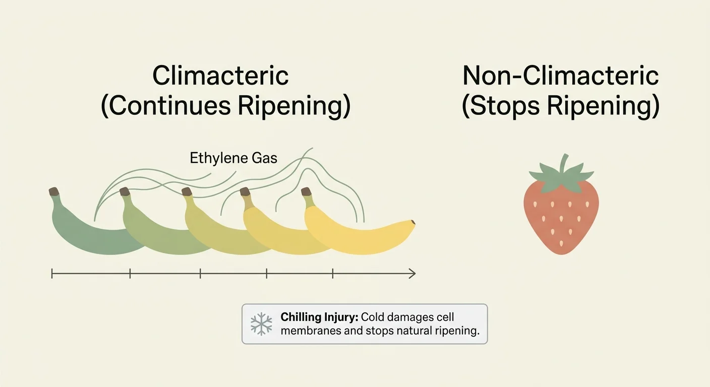 A minimalist diagram comparing climacteric and non-climacteric fruit ripening processes, using clean icons and sage green tones.