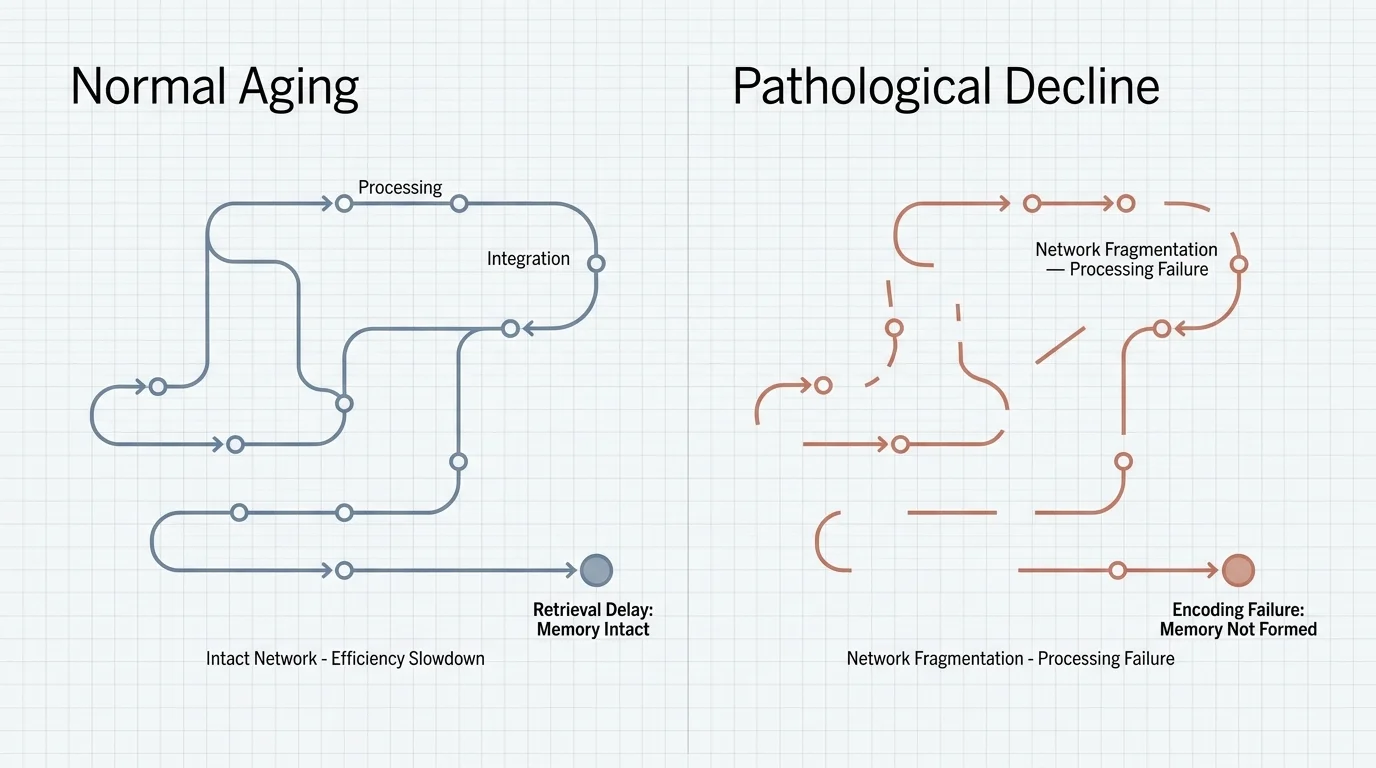 A minimalist horizontal diagram comparing normal aging retrieval delays with pathological encoding failures using clear colored paths.