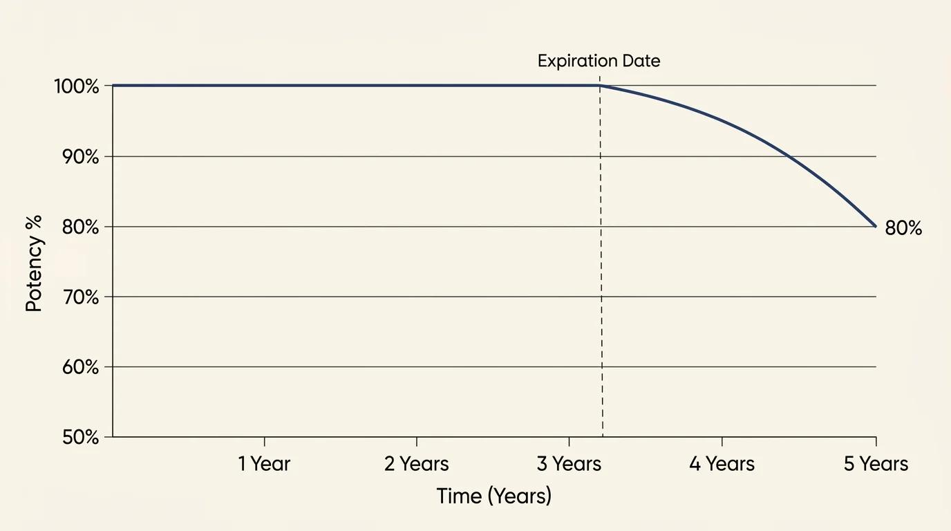 A minimalist line chart showing medication potency staying stable at 100% before gradually declining past the expiration date.