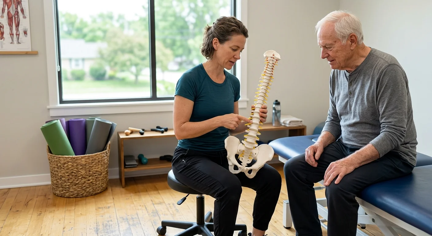 A physical therapist uses a plastic spine model to explain nerve compression to an attentive senior patient in a bright clinic.