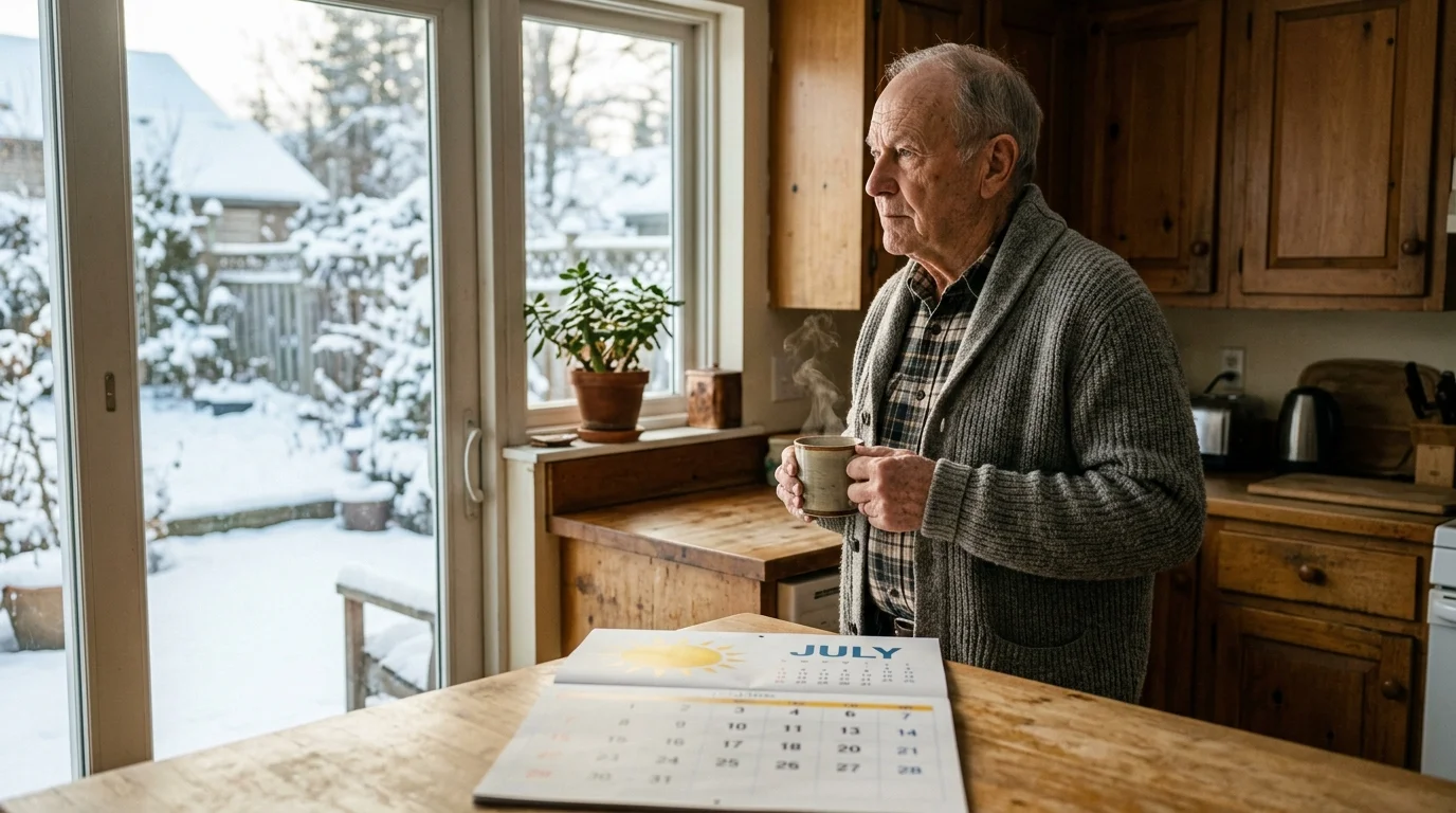 A senior man looking out at a snowy yard while a calendar on his kitchen counter in the foreground shows the month of July.