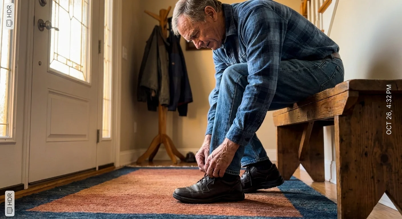 A senior man sitting on a wooden entryway bench, lacing up supportive walking shoes in a sunlit home.