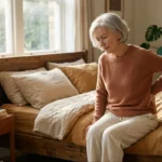 A senior woman pauses on the edge of her bed, holding her lower back in a warm, sunlit bedroom, illustrating early signs of spinal issues.