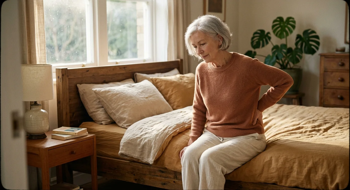 A senior woman pauses on the edge of her bed, holding her lower back in a warm, sunlit bedroom, illustrating early signs of spinal issues.