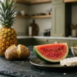 A still life photo of a watermelon slice, a rice cake, instant oatmeal, a pineapple, and a baked potato on a dark slate countertop.