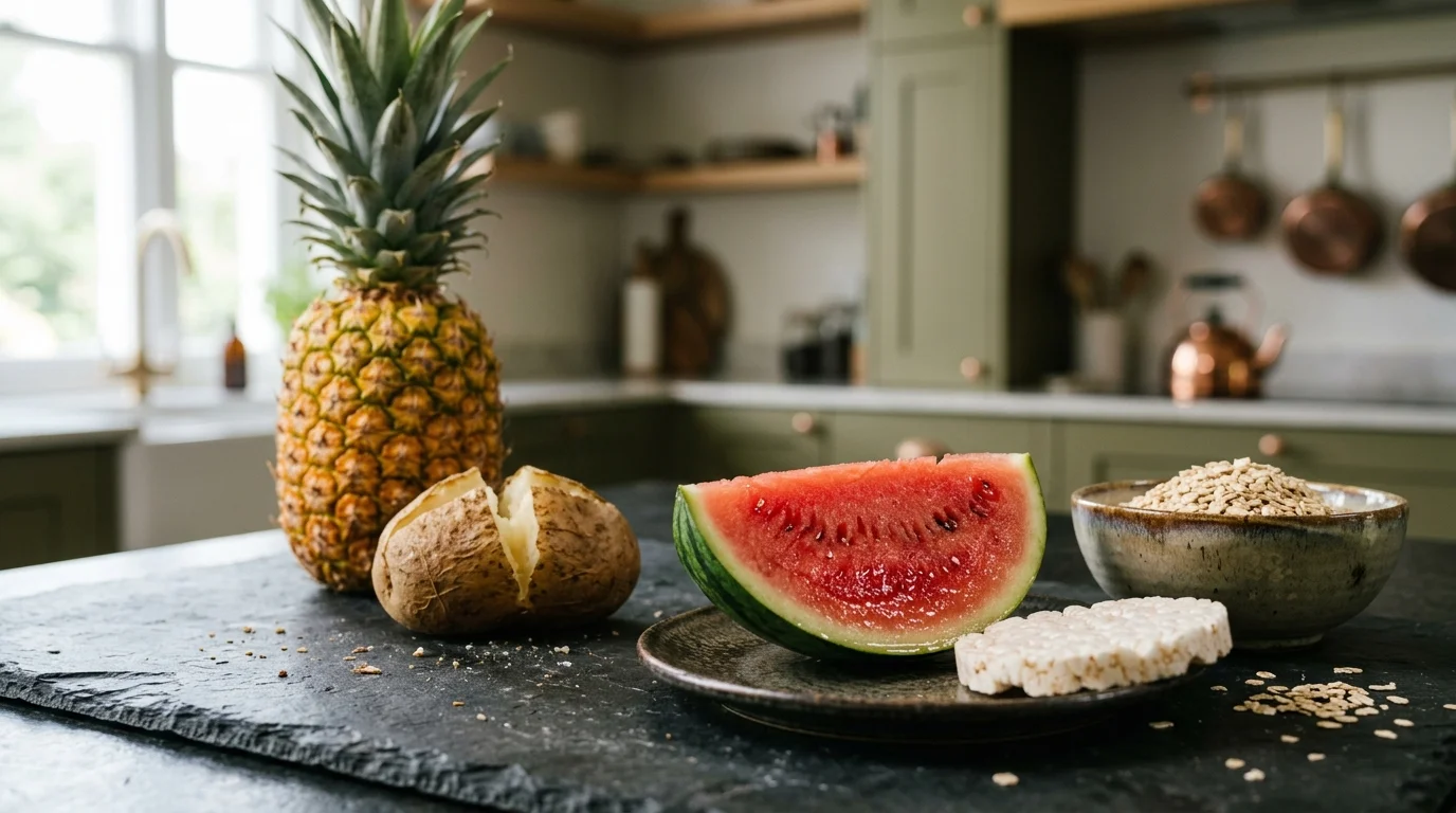 A still life photo of a watermelon slice, a rice cake, instant oatmeal, a pineapple, and a baked potato on a dark slate countertop.