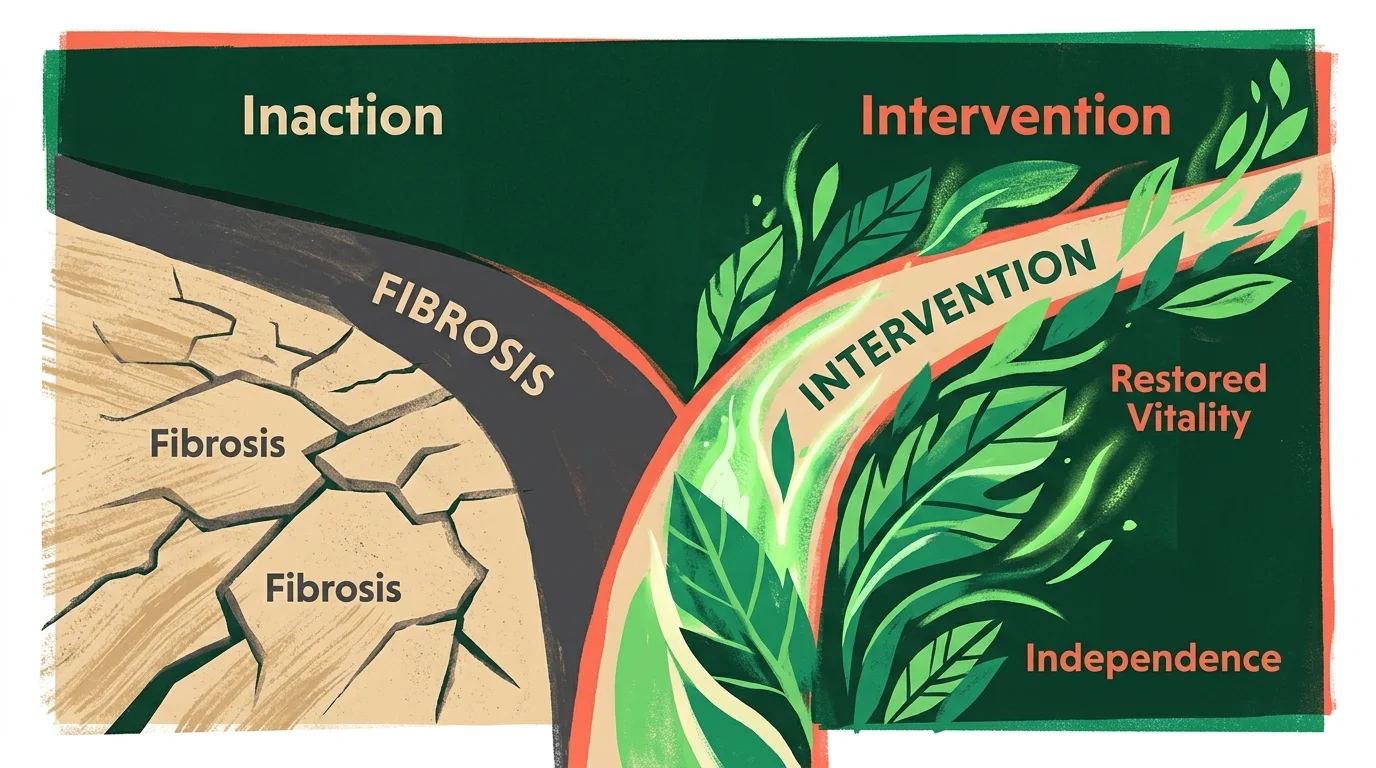 A stylized mid-century illustration contrasting a dry, cracked pathway of inaction with a flourishing green pathway of health intervention.