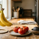A sunlit kitchen counter showing bananas on a brass stand, tomatoes on a ceramic plate, and an avocado in a bowl, with a fridge in the backg