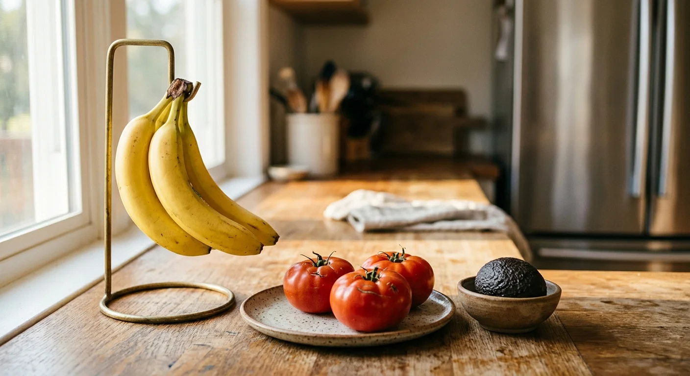A sunlit kitchen counter showing bananas on a brass stand, tomatoes on a ceramic plate, and an avocado in a bowl, with a fridge in the backg