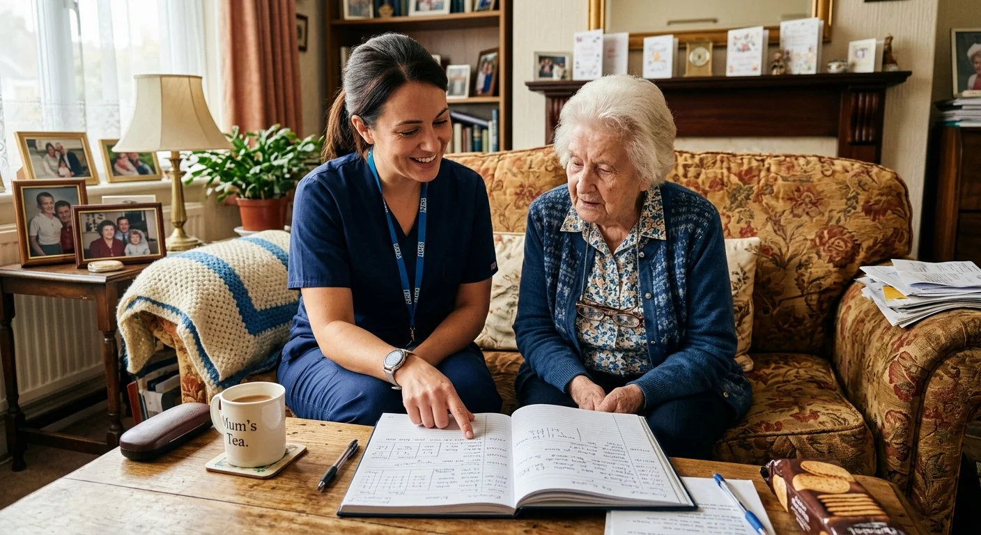 A visiting nurse and an elderly woman review a health logbook together on a sofa in a warm, sunlit living room.