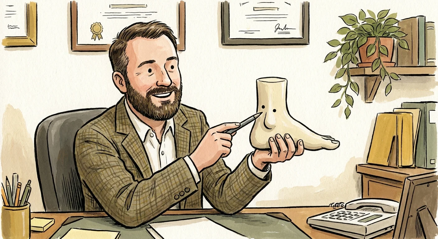A warm editorial illustration of a medical expert pointing to pulse points on a simplified model of a human foot.