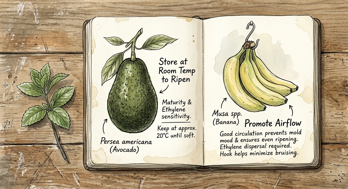 A watercolor illustration of an open botanical notebook showing sketches of an avocado and a banana with handwritten storage tips.