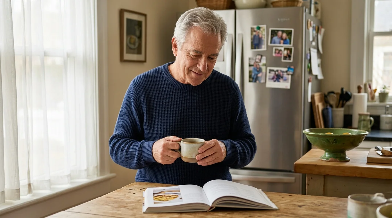 An active senior man in his late 60s looking thoughtfully at a cookbook in a sun-drenched, realistic home kitchen.