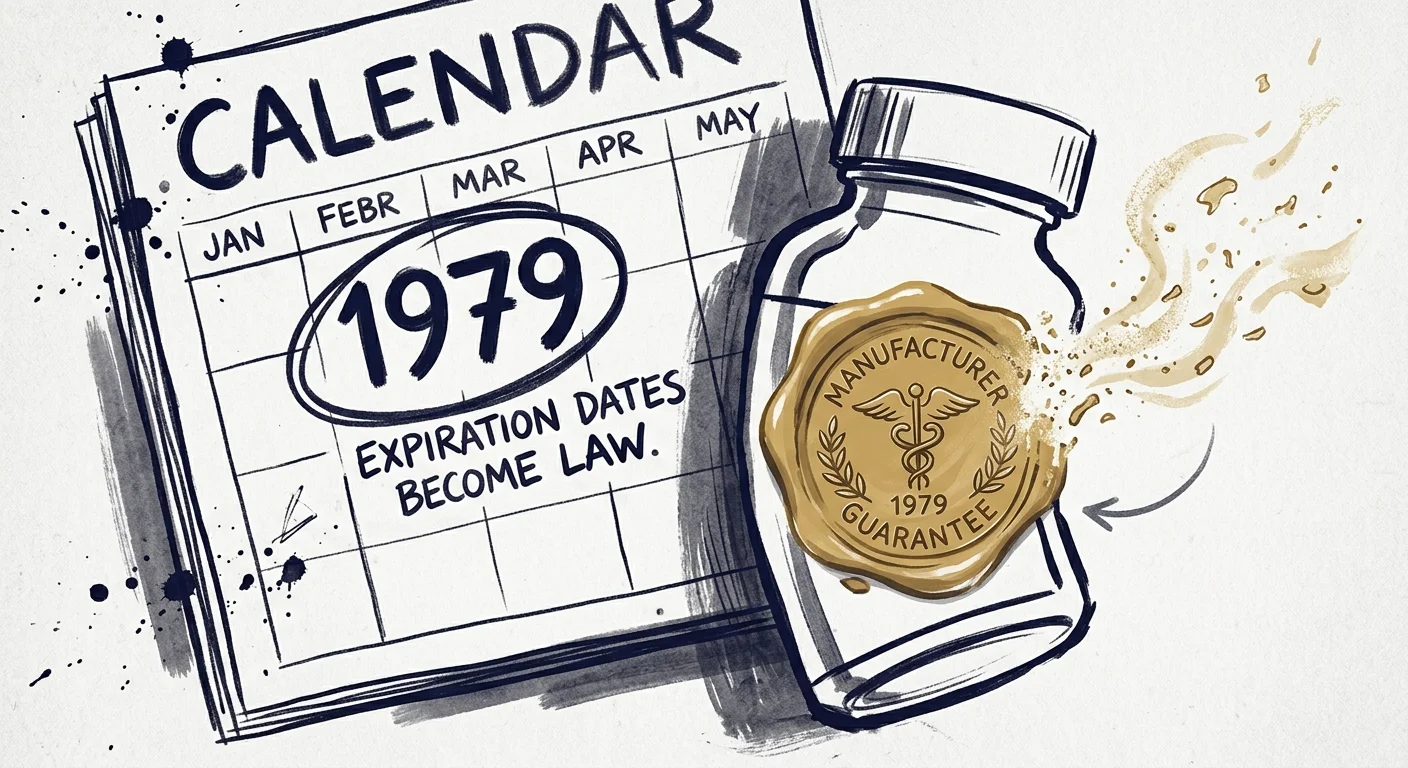 An editorial illustration of a prescription bottle with a golden manufacturer seal dissolving next to a 1979 calendar page.