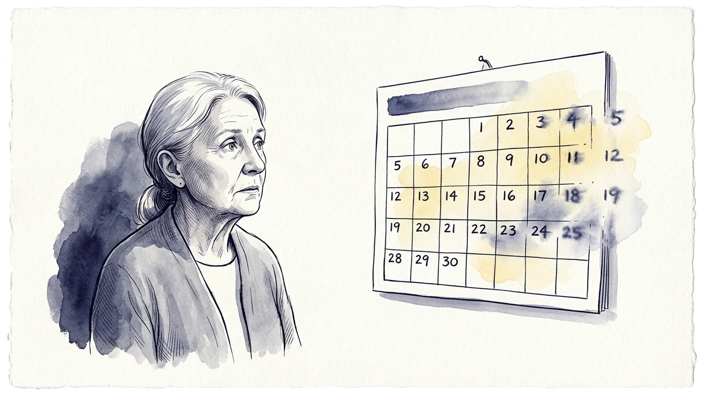 An editorial illustration of an older woman looking at a calendar where the numbers drift into soft watercolor washes, symbolizing confusion