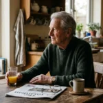 An elderly man in a green sweater sits thoughtfully at a kitchen table in warm morning light, holding a glass of orange juice.