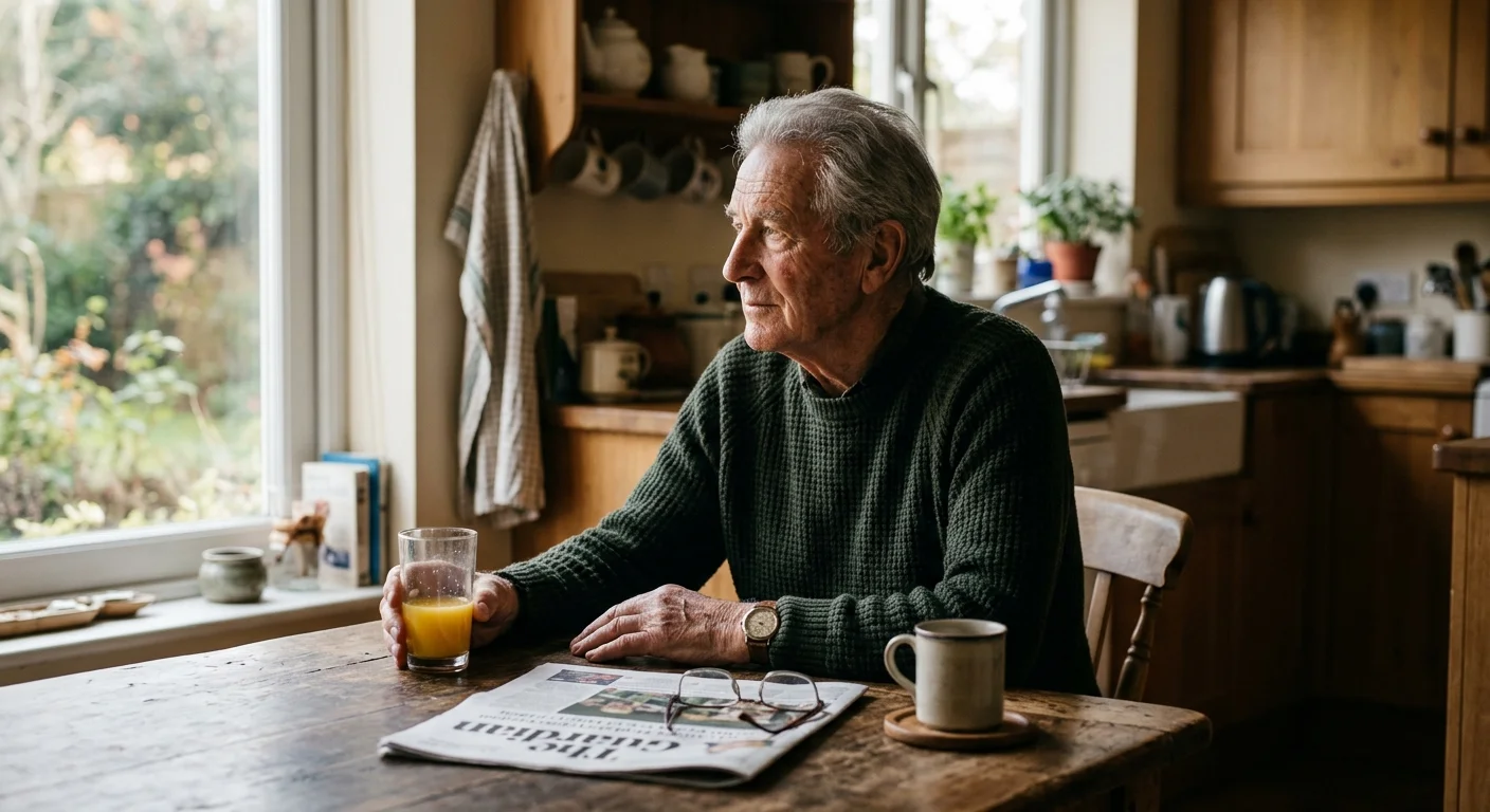 An elderly man in a green sweater sits thoughtfully at a kitchen table in warm morning light, holding a glass of orange juice.