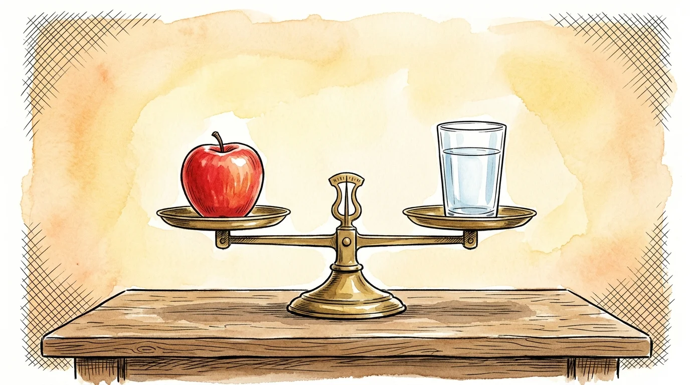 An ink and watercolor illustration of a brass balance scale in perfect equilibrium, holding a red apple on one side.