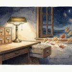 An ink and watercolor illustration of a desk drawer where paper files gently transform into floating autumn leaves under a warm lamp.