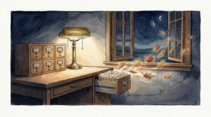 An ink and watercolor illustration of a desk drawer where paper files gently transform into floating autumn leaves under a warm lamp.
