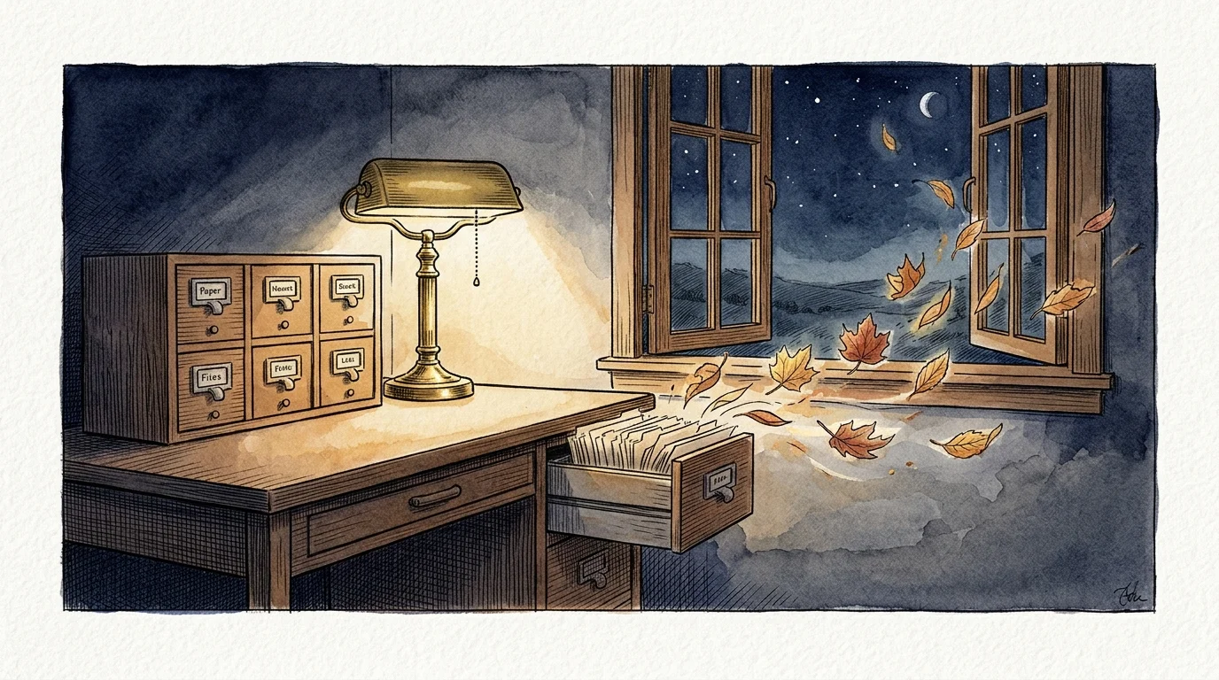 An ink and watercolor illustration of a desk drawer where paper files gently transform into floating autumn leaves under a warm lamp.
