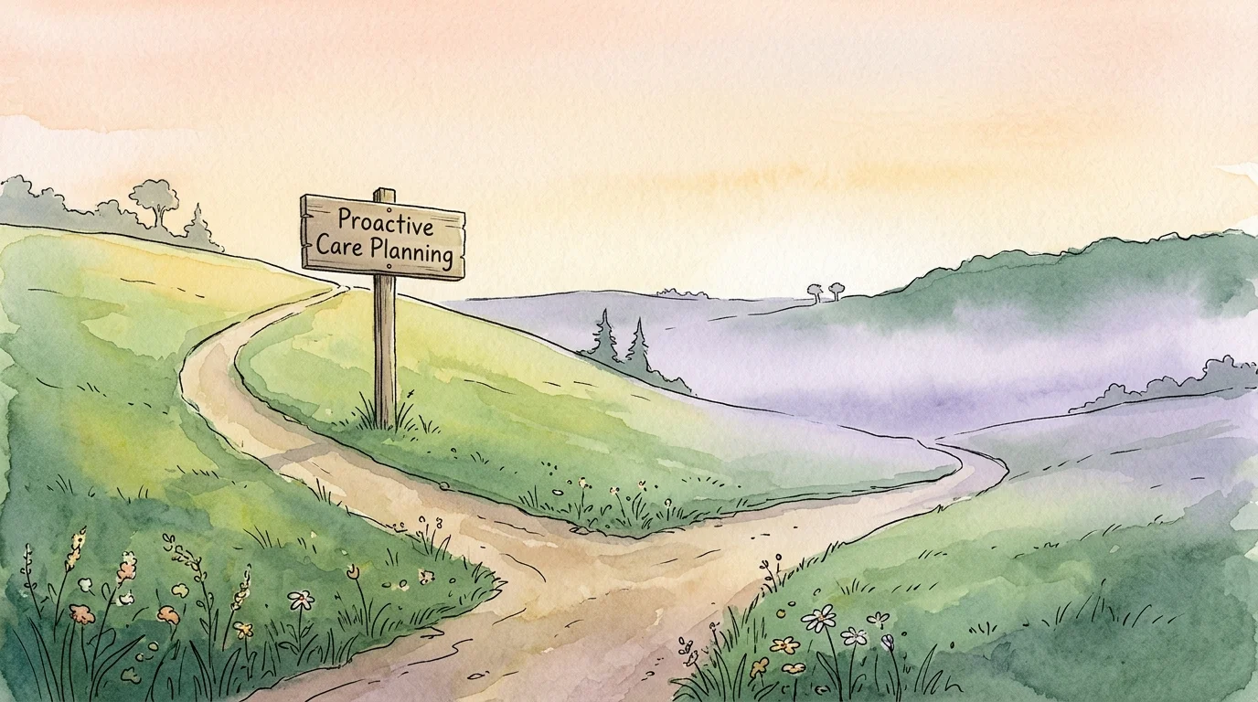An ink and watercolor illustration of a path splitting toward a sunlit hill labeled Proactive Care Planning and a misty valley.